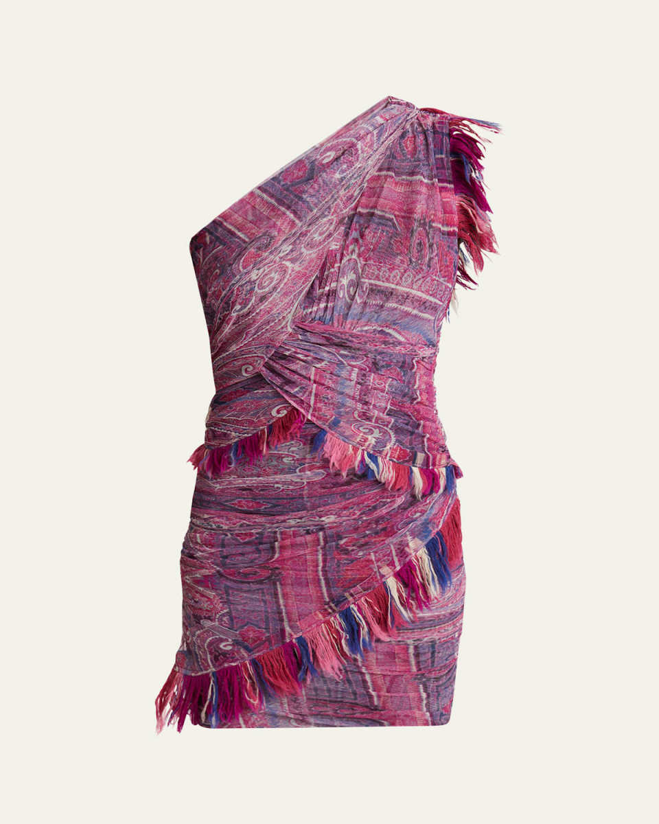 Dessia Printed One-Shoulder Fringe Mini Dress